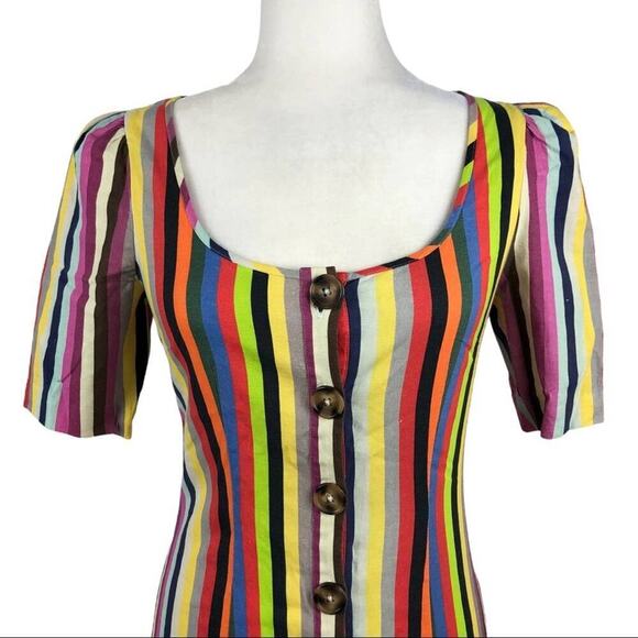 LPA Revolve Puff Sleeve Button Front Multi Striped Linen Mini Dress Size XS - Picture 4 of 16